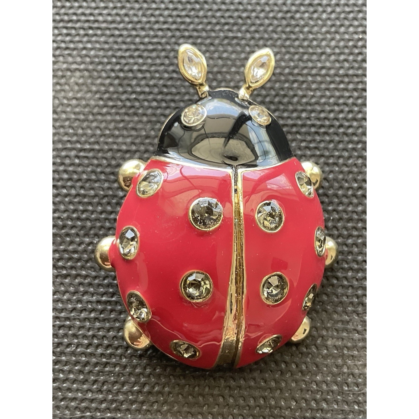 Vintage Red Enamel And Crystal Rhinestone Ladybug Brooch Estate Jewelry